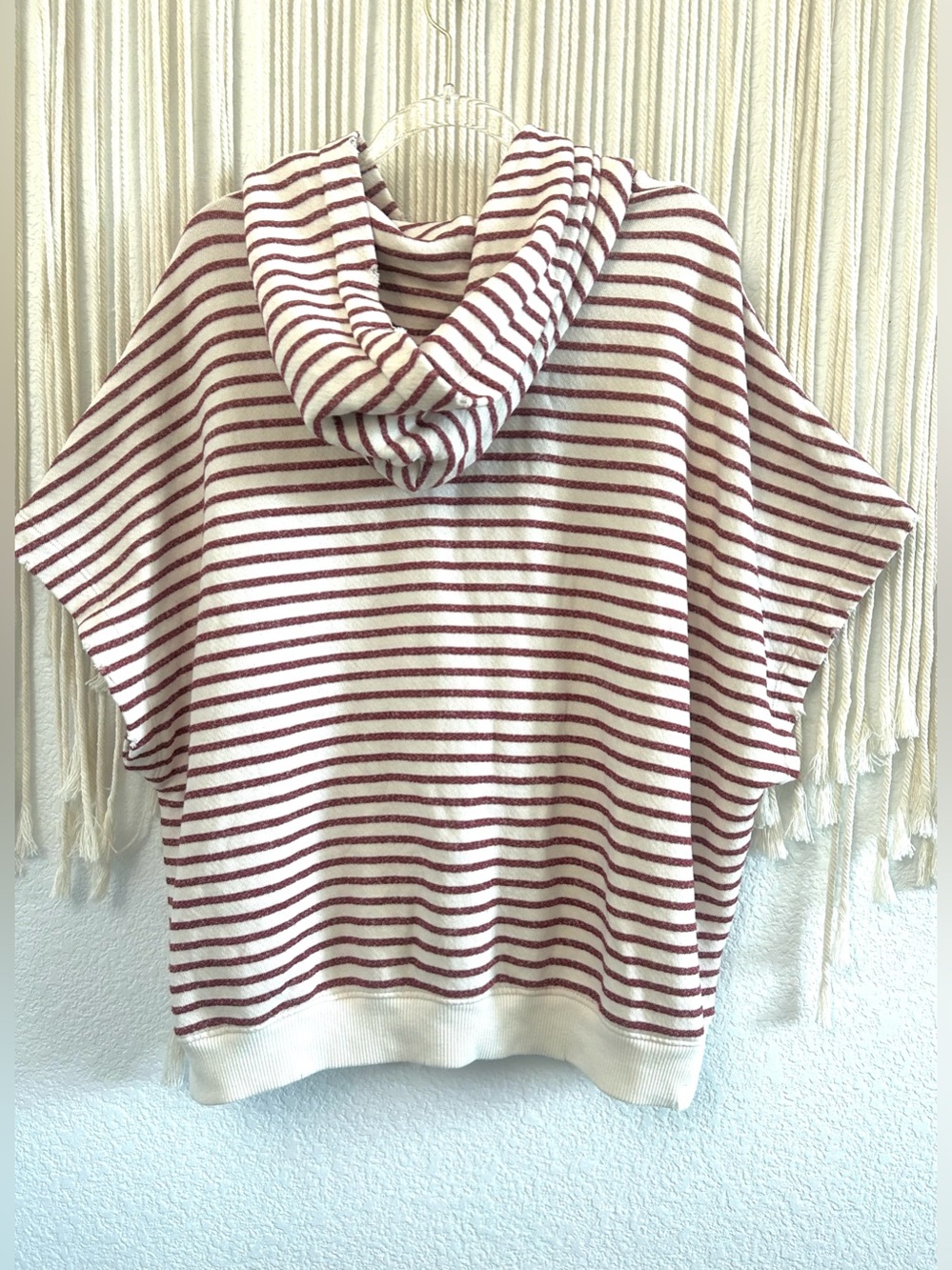 Sun Days BurgundyIvory Striped Hooded Poncho Top Distressed Trim Boho Oversized - Picture 8 of 12